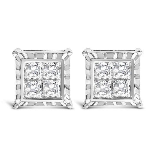 Pair of white metal square-shaped stud earrings with princess cut white gemstones in an invisible setting, shown from front and side angles on a white background.