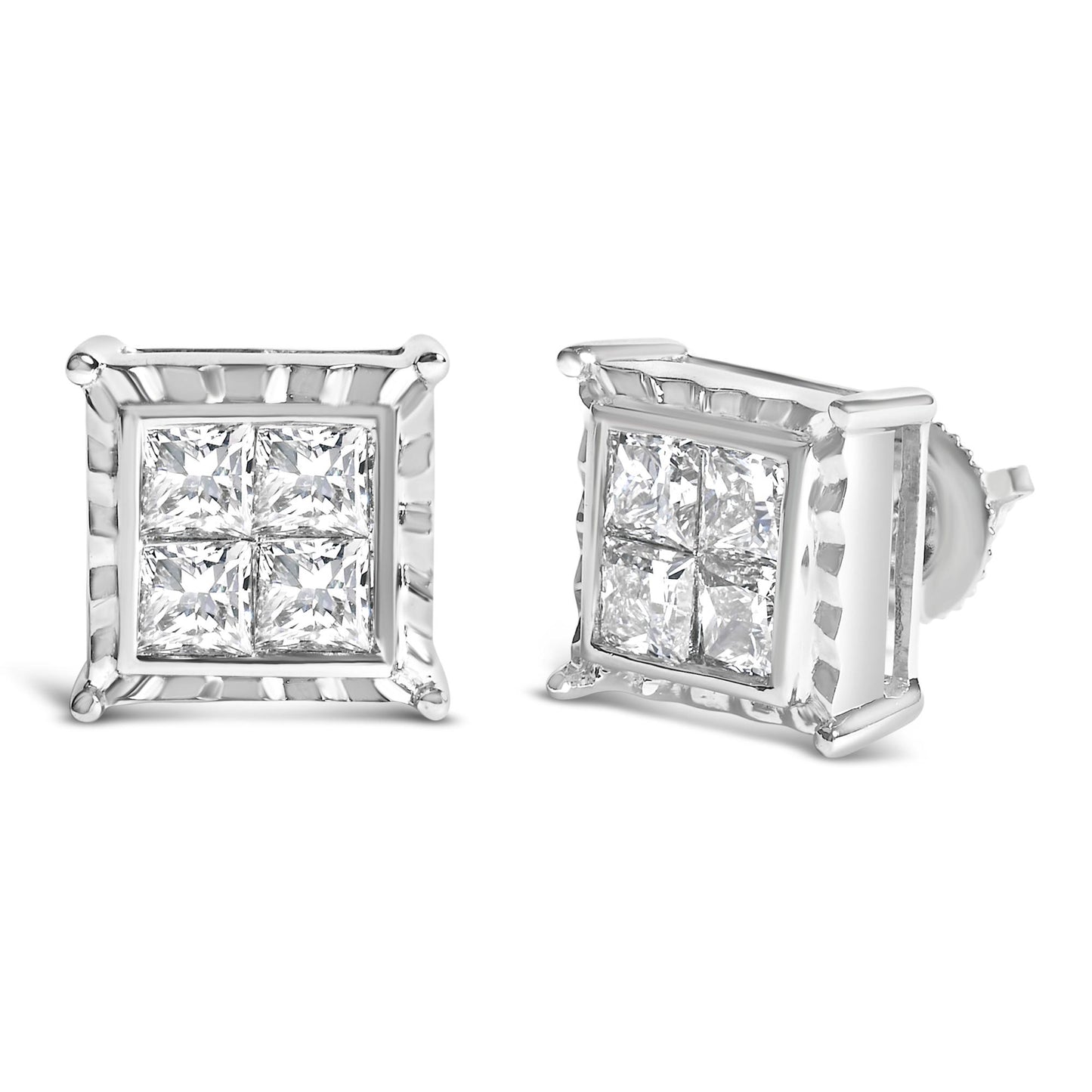 Front view of white metal square stud earrings with multiple princess-cut white gemstones set invisibly.