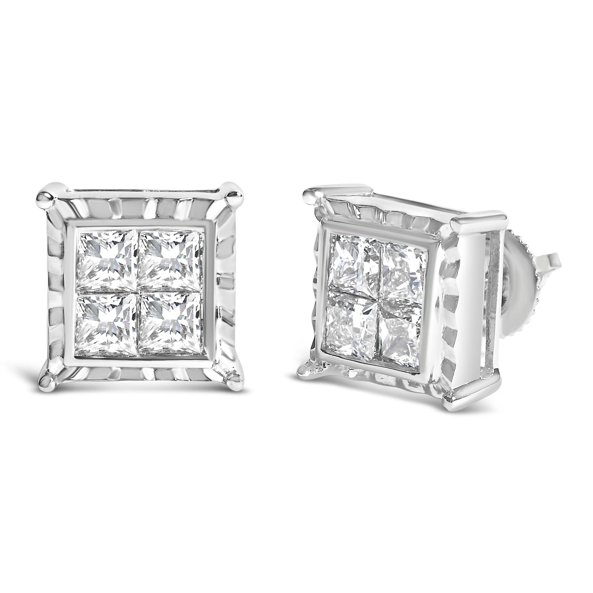 Front view of white metal square stud earrings with multiple princess-cut white gemstones set invisibly.