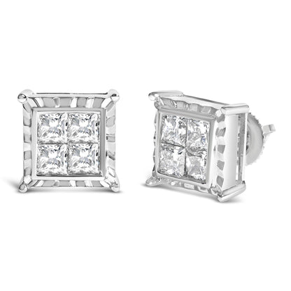 Front view of white metal square stud earrings with multiple princess-cut white gemstones set invisibly.