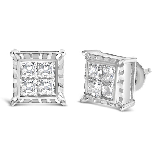 Front view of white metal square stud earrings with multiple princess-cut white gemstones set invisibly.