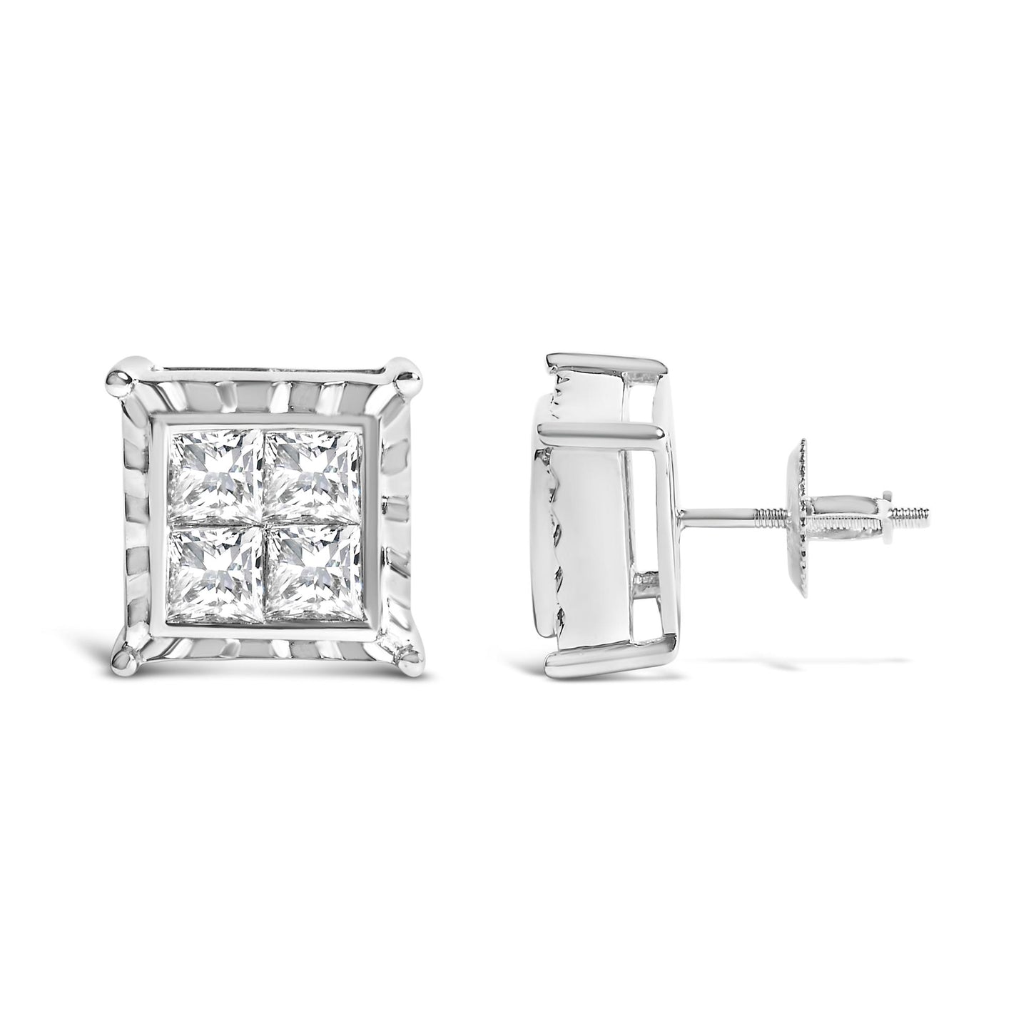 Pair of white metal stud earrings with square cluster of princess shape white gemstones in invisible setting; shown from front and side angles on white background.