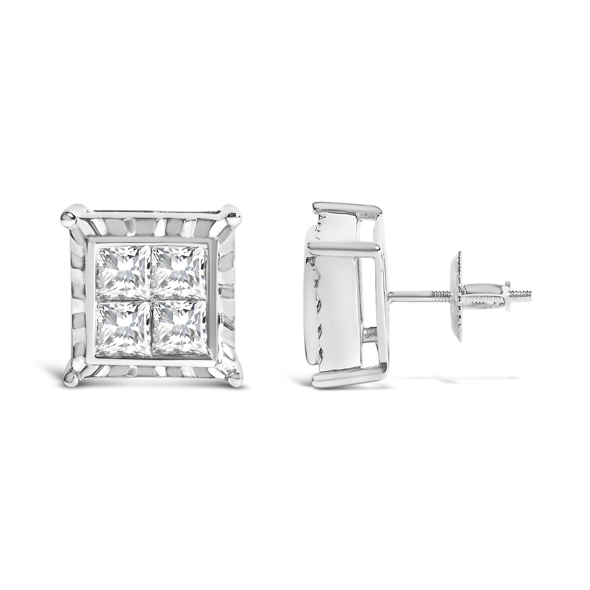 Pair of white metal stud earrings with square cluster of princess shape white gemstones in invisible setting; shown from front and side angles on white background.