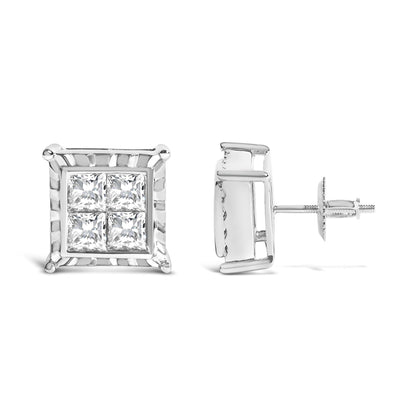Pair of white metal stud earrings with square cluster of princess shape white gemstones in invisible setting; shown from front and side angles on white background.