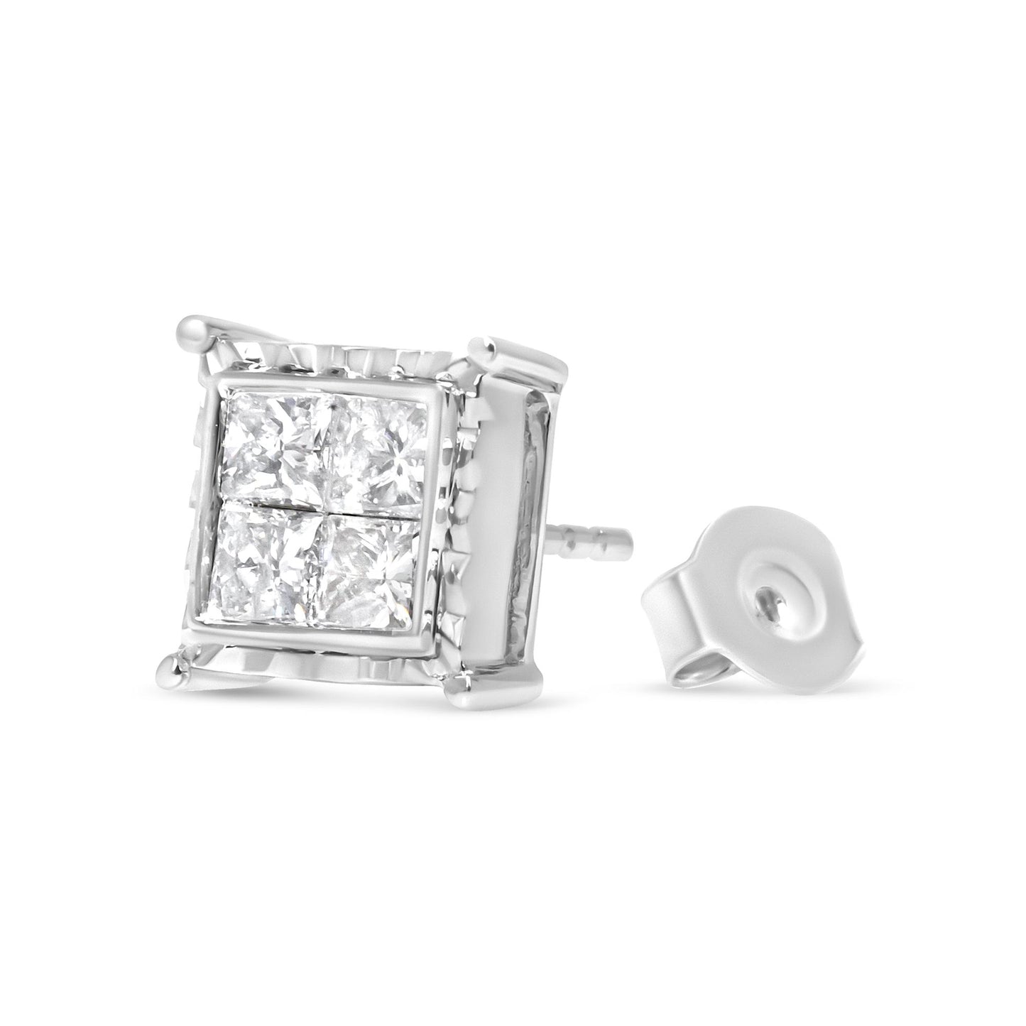 Close-up angle of a white metal square stud earring with a cluster of white princess-shaped gemstones in an invisible setting, shown with backing detached.