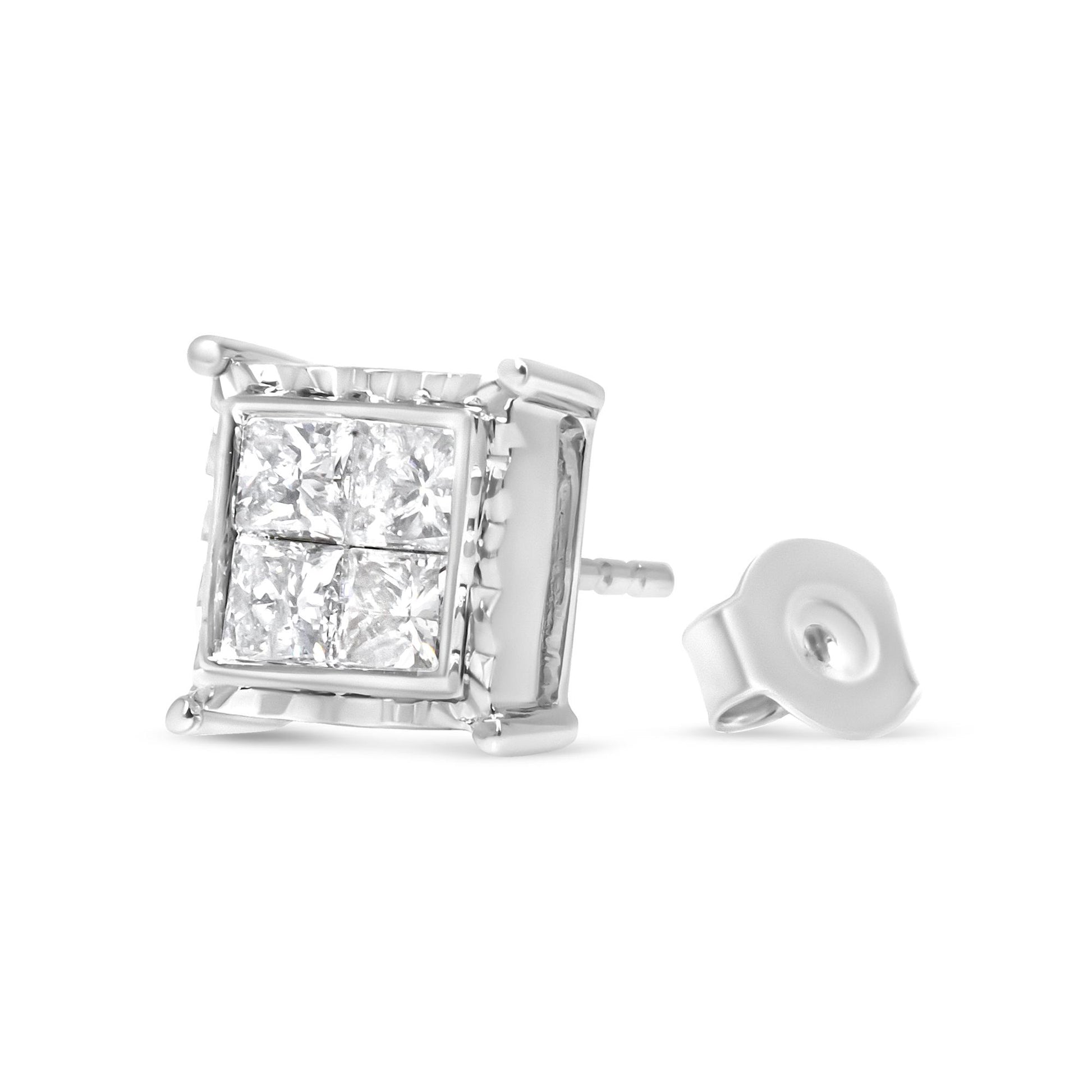 Close-up angle of a white metal square stud earring with a cluster of white princess-shaped gemstones in an invisible setting, shown with backing detached.