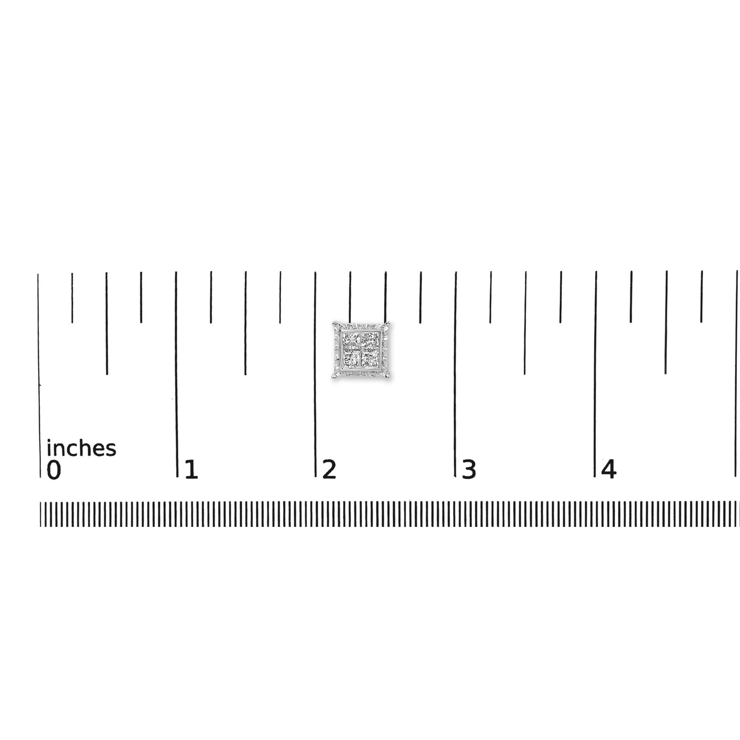 Close-up top-down view of white metal earrings with white gemstones in a princess shape and invisible setting, placed next to a ruler and a coin for size reference.