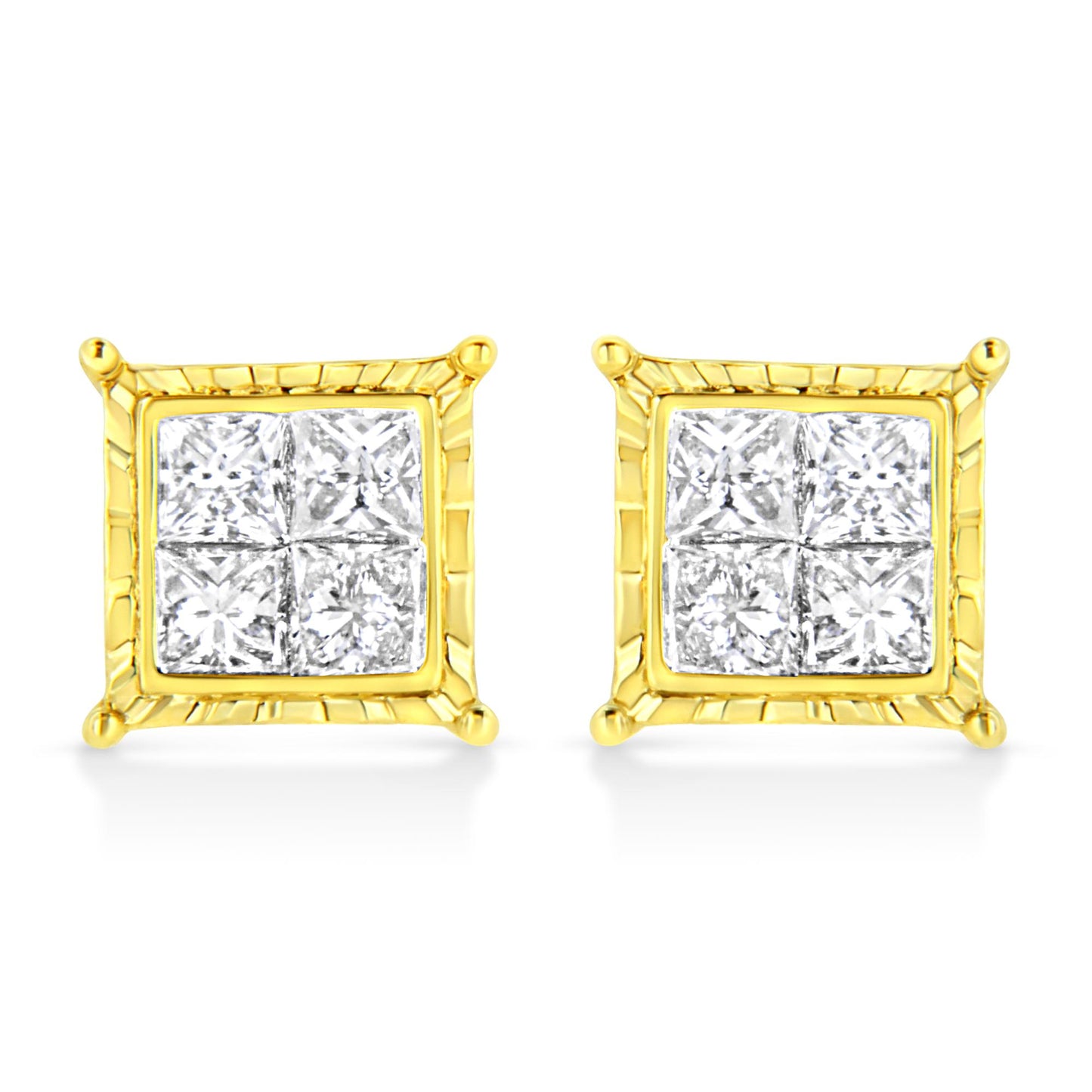 Front view of a pair of yellow metal square earrings featuring clusters of white princess-shaped gemstones in an invisible setting.