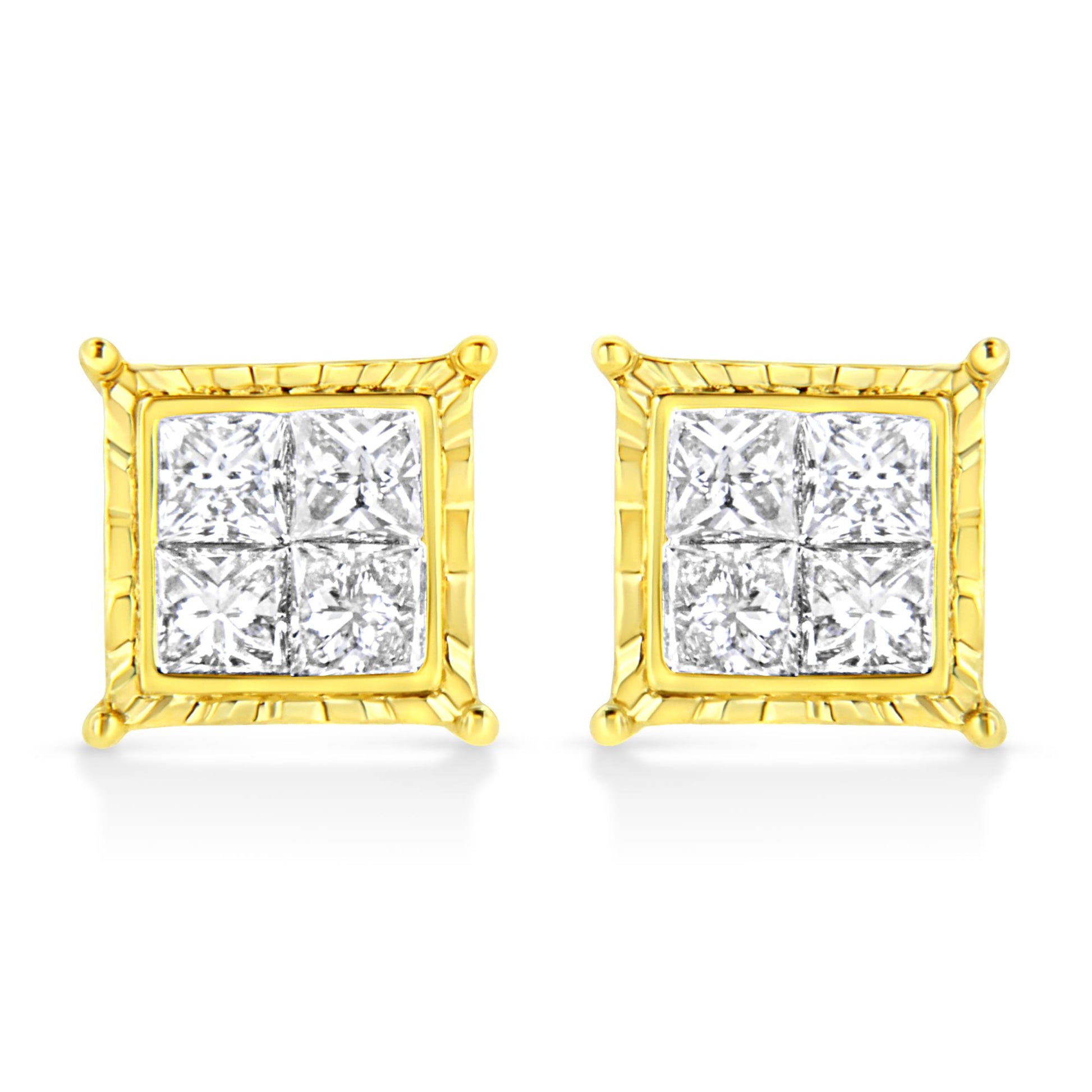 Front view of a pair of yellow metal square earrings featuring clusters of white princess-shaped gemstones in an invisible setting.