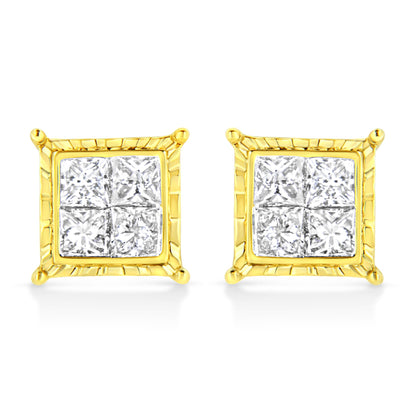 Front view of a pair of yellow metal square earrings featuring clusters of white princess-shaped gemstones in an invisible setting.