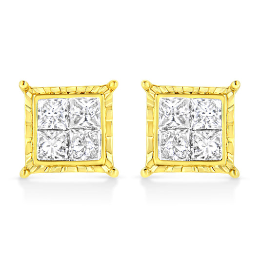 Front view of a pair of yellow metal square earrings featuring clusters of white princess-shaped gemstones in an invisible setting.