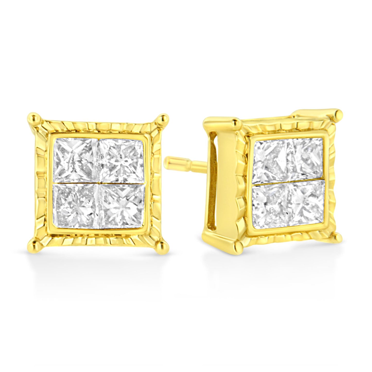 Front and angled side view of yellow metal square stud earrings with white princess shape gemstones in invisible setting.