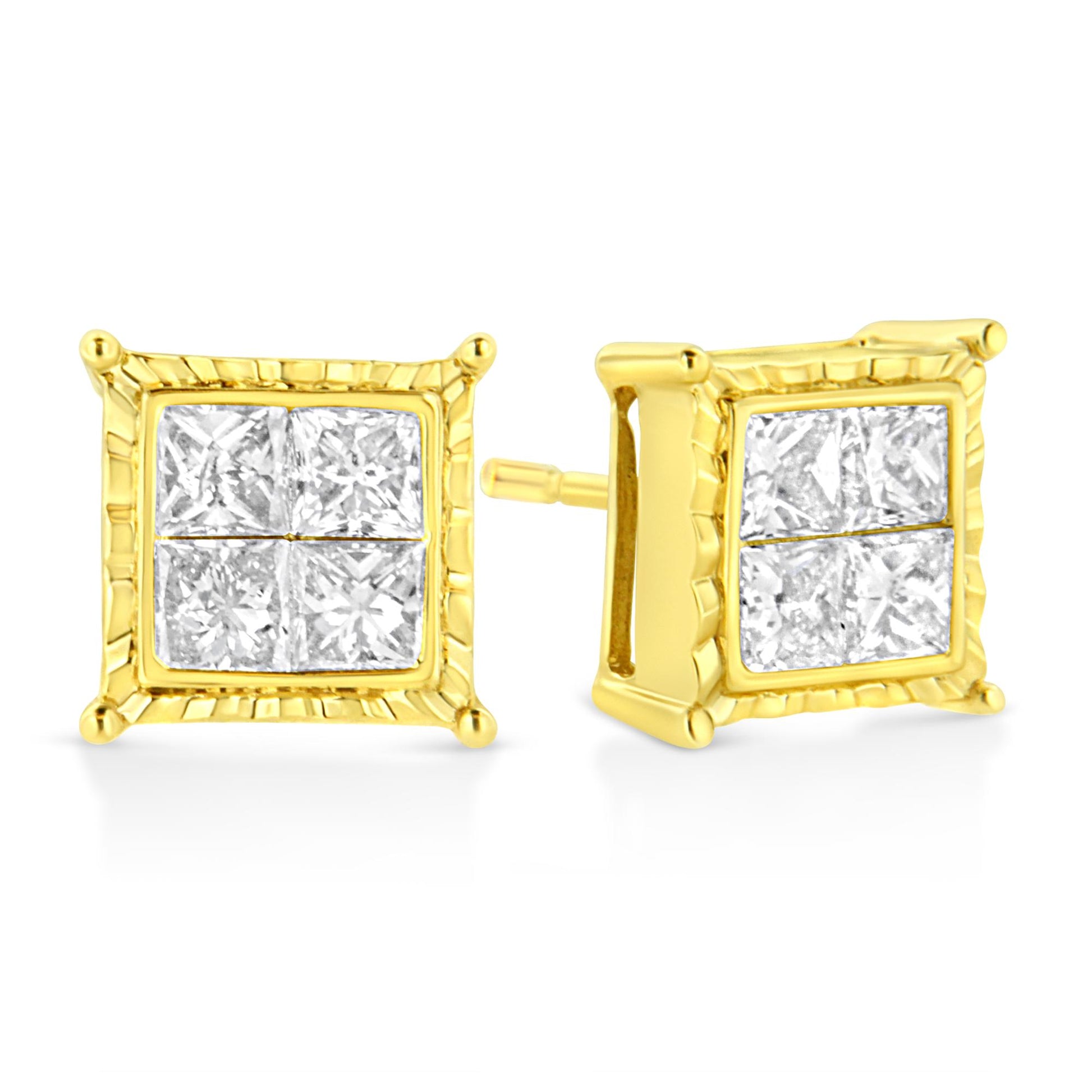 Front and angled side view of yellow metal square stud earrings with white princess shape gemstones in invisible setting.