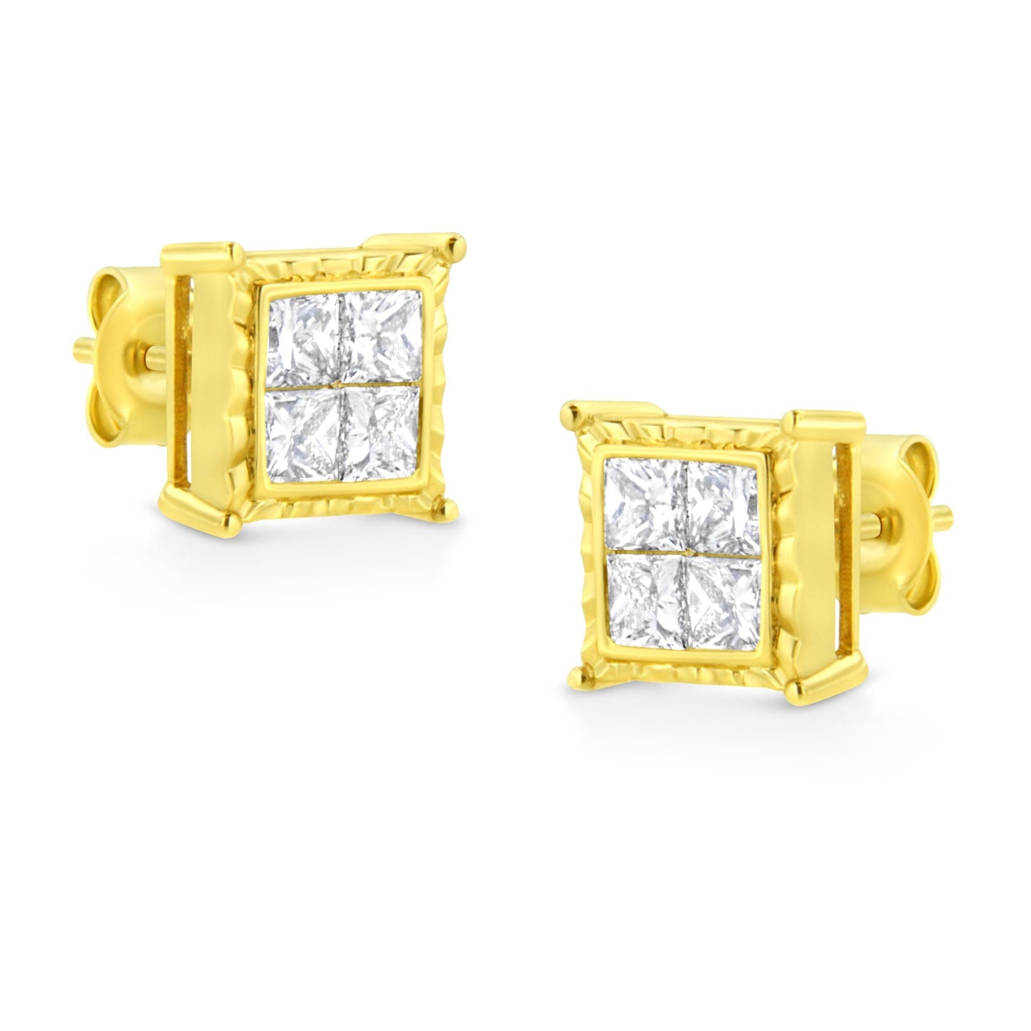 Pair of yellow metal stud earrings with square shape featuring four white princess-cut gemstones in invisible setting, shown at a slight angle.