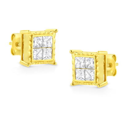Pair of yellow metal stud earrings with square shape featuring four white princess-cut gemstones in invisible setting, shown at a slight angle.