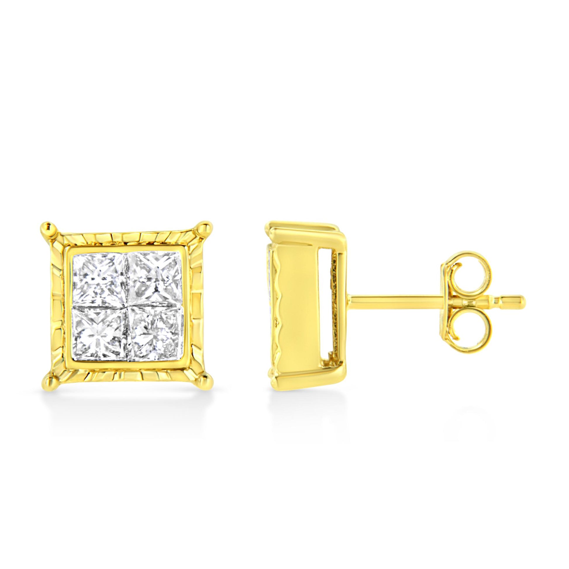 Pair of yellow metal stud earrings with square fronts featuring four white princess-shaped gemstones, shown from front and side angles.