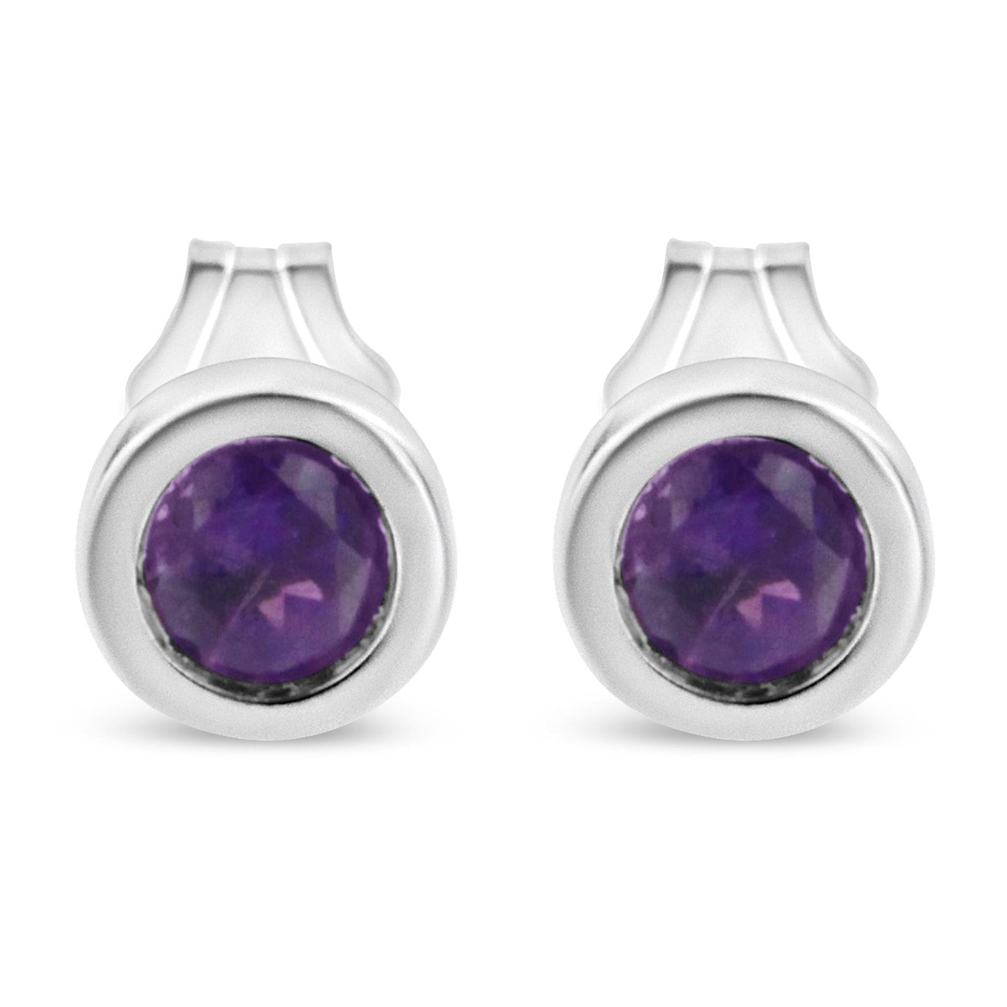 Front view of white metal earrings featuring round purple gemstones in bezel settings.