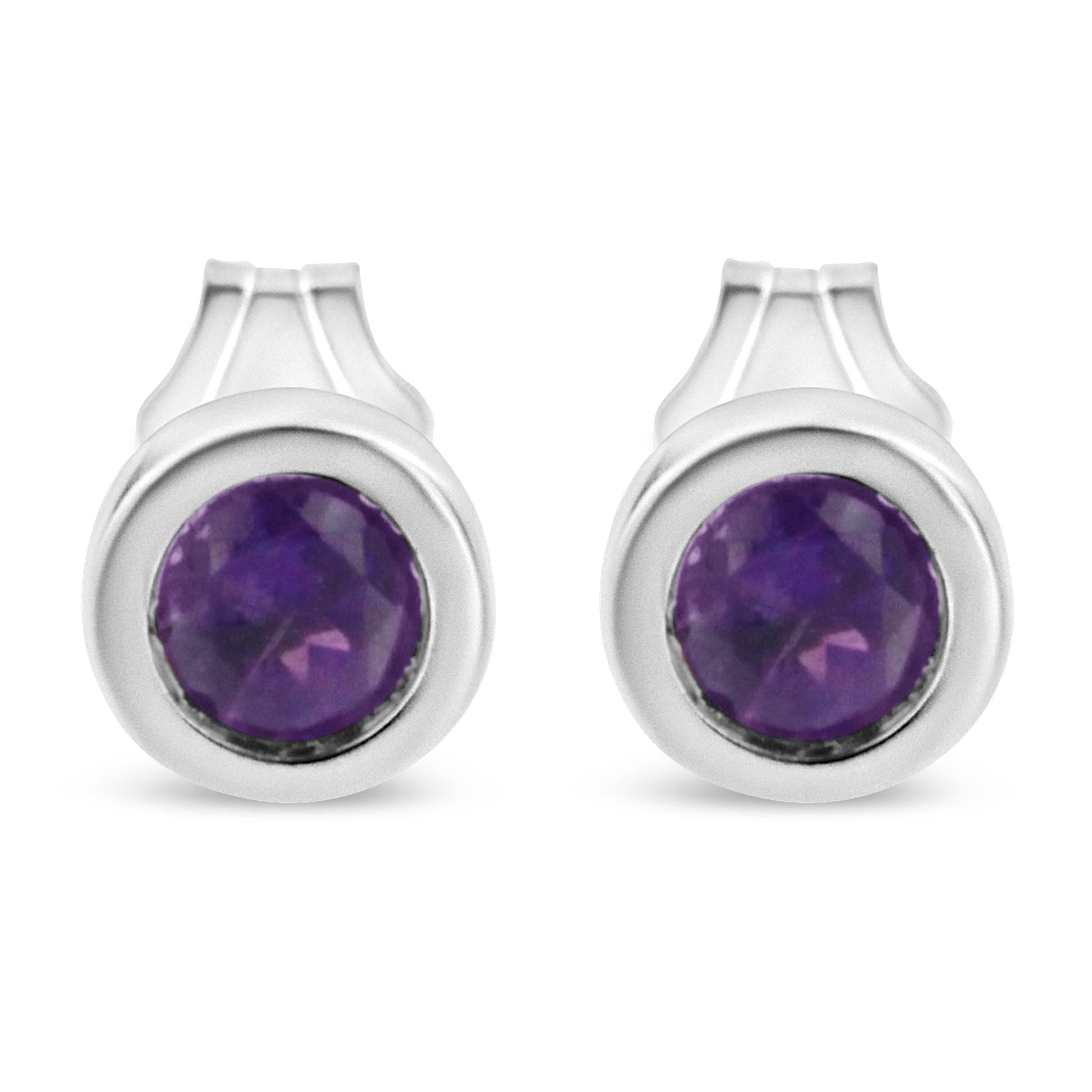 Front view of white metal earrings featuring round purple gemstones in bezel settings.