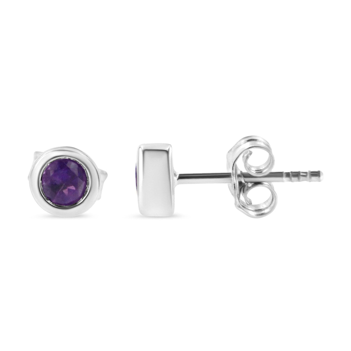 Pair of white metal stud earrings with round purple gemstones in bezel settings, shown from front and side angles on a white background.