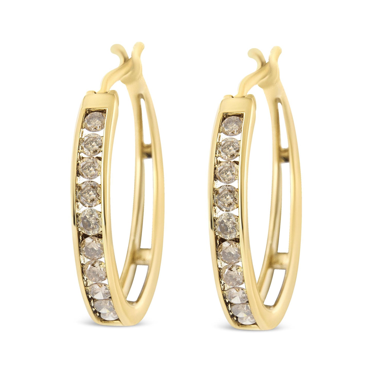 Front-facing view of yellow metal hoop earrings set with multiple round champagne-colored gemstones in prong settings.