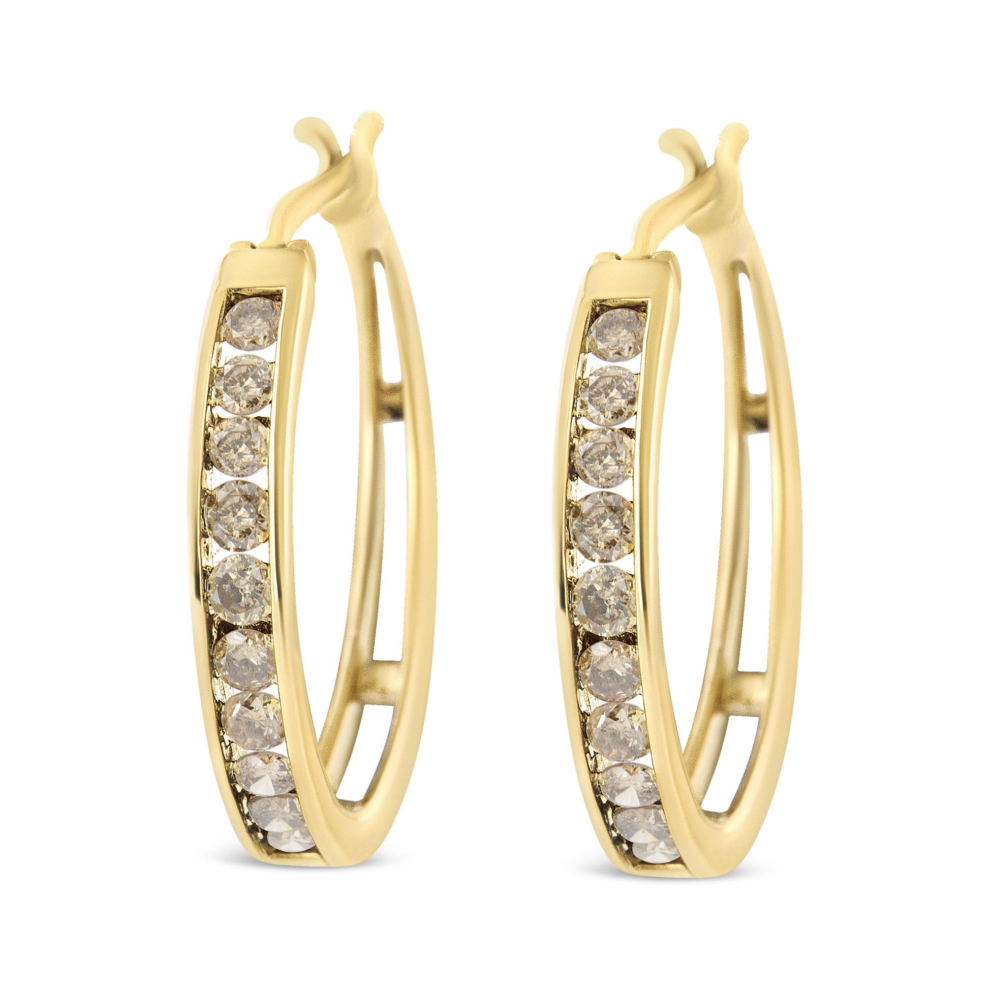 Front-facing view of yellow metal hoop earrings set with multiple round champagne-colored gemstones in prong settings.