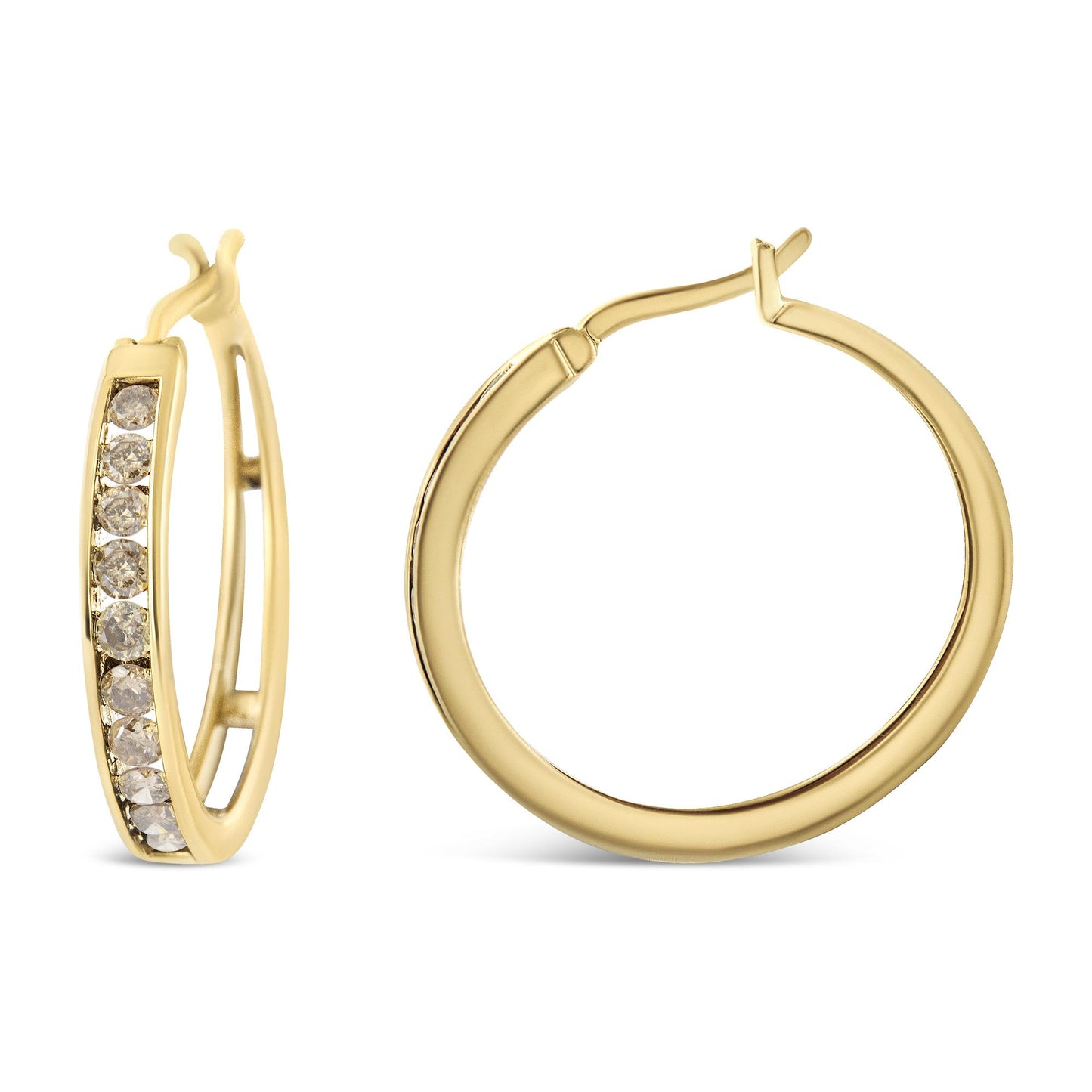 Pair of yellow metal hoop earrings shown from front and side angles, one earring features a row of round prong-set champagne-colored gemstones.