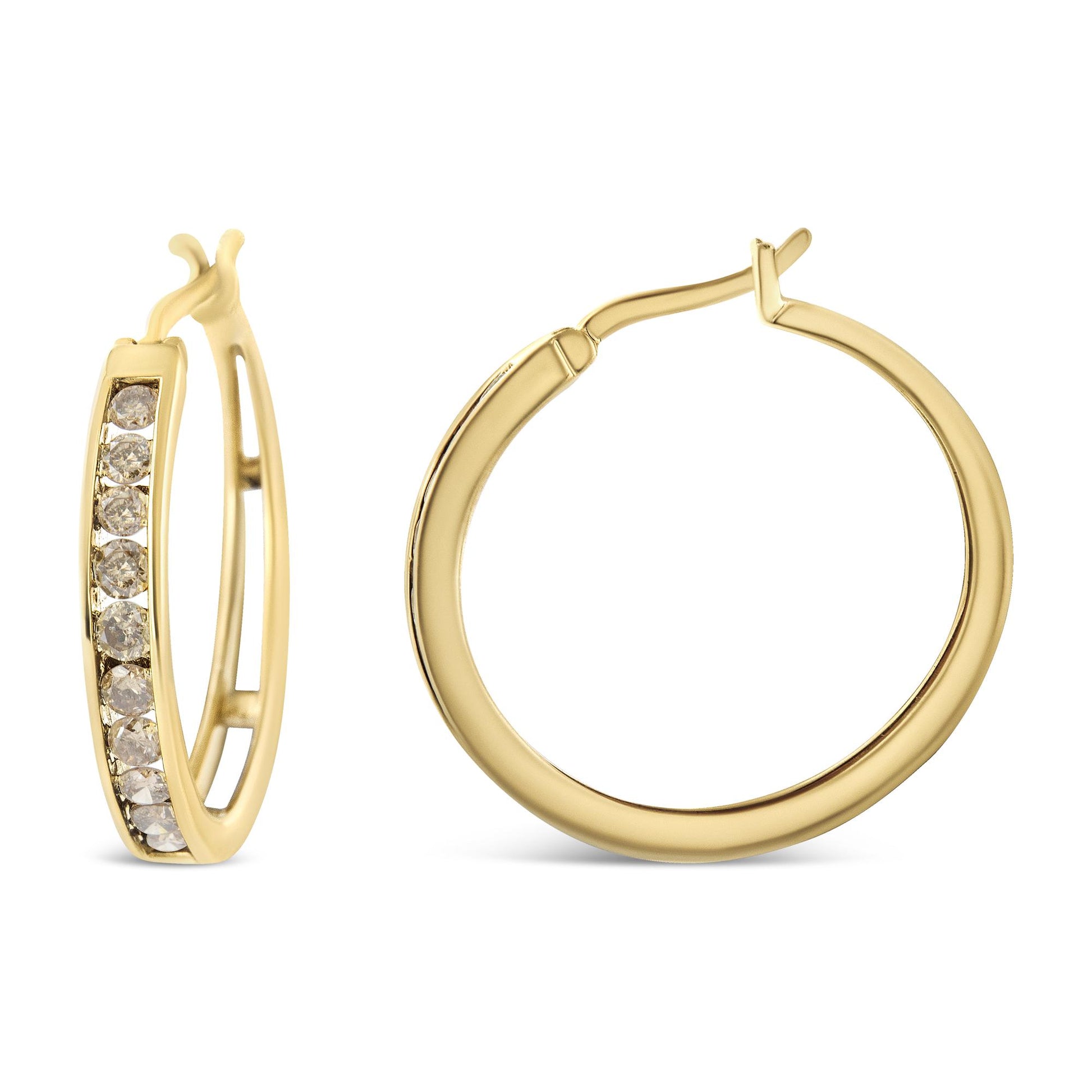 Pair of yellow metal hoop earrings shown from front and side angles, one earring features a row of round prong-set champagne-colored gemstones.