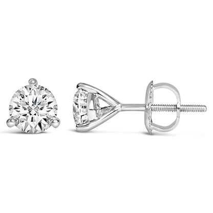 White metal round gemstone stud earrings with 3-prong setting, shown from front and side angles.