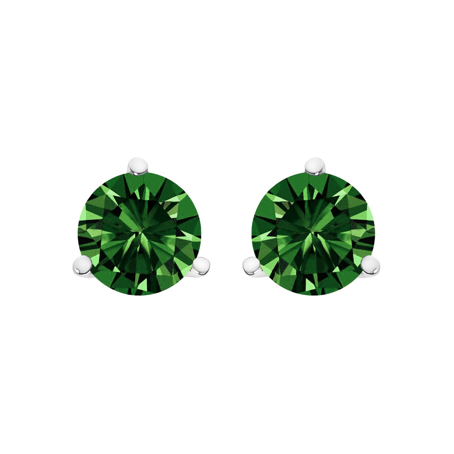 Front view of a pair of white metal stud earrings with round green gemstones set in a three-prong setting.