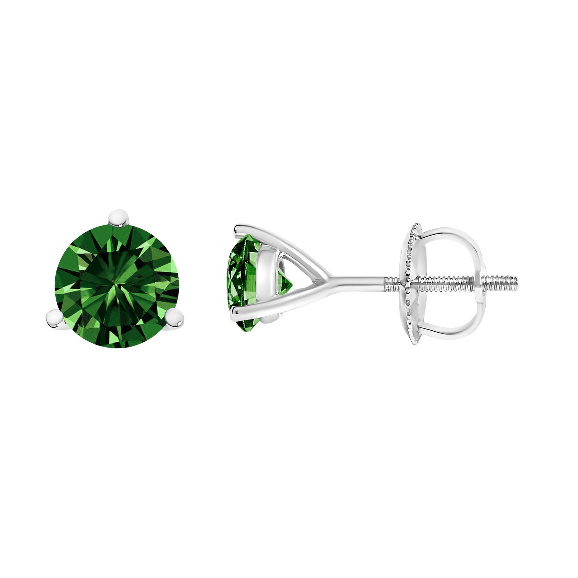 White metal stud earrings with round green gemstones in a 3-prong setting, shown from the front and side on a white background.