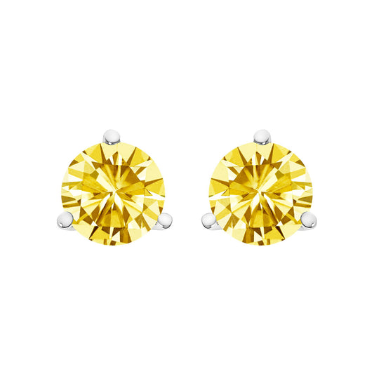Pair of white metal stud earrings with round yellow gemstones in a 3-prong setting, shown from the front on a white background.