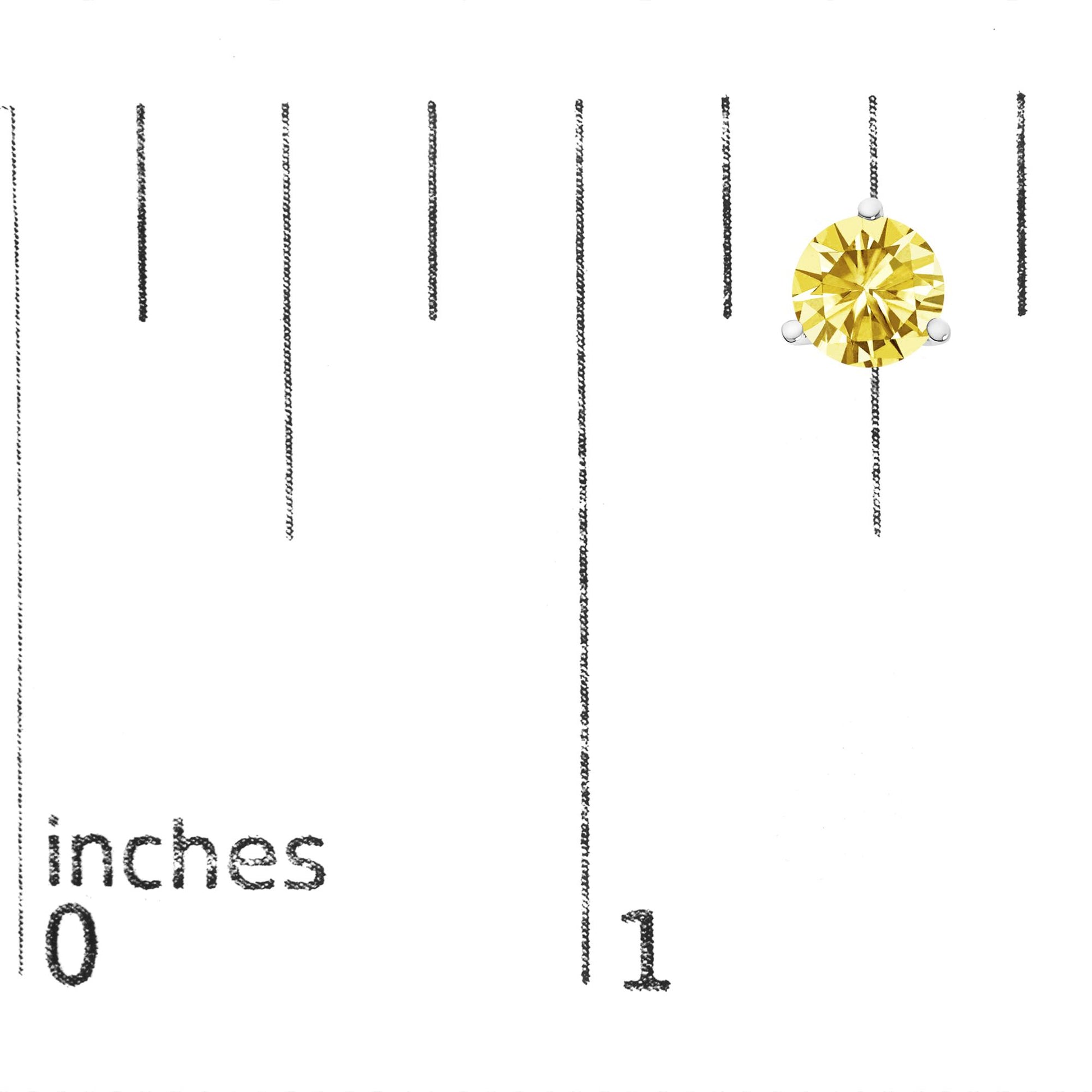 Single white earring with a round yellow gemstone in a three-prong setting, shown on a scale with measurements in inches, front view.