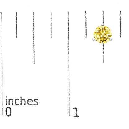 Single white earring with a round yellow gemstone in a three-prong setting, shown on a scale with measurements in inches, front view.