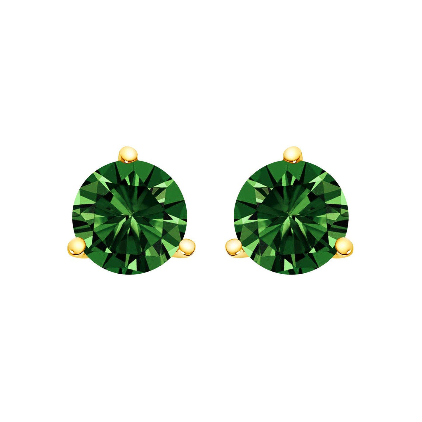 Pair of yellow metal stud earrings with round green gemstones set in a three-prong setting, shown from the front angle.