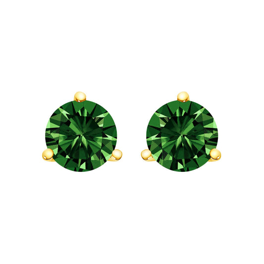 Pair of yellow metal stud earrings with round green gemstones set in a three-prong setting, shown from the front angle.