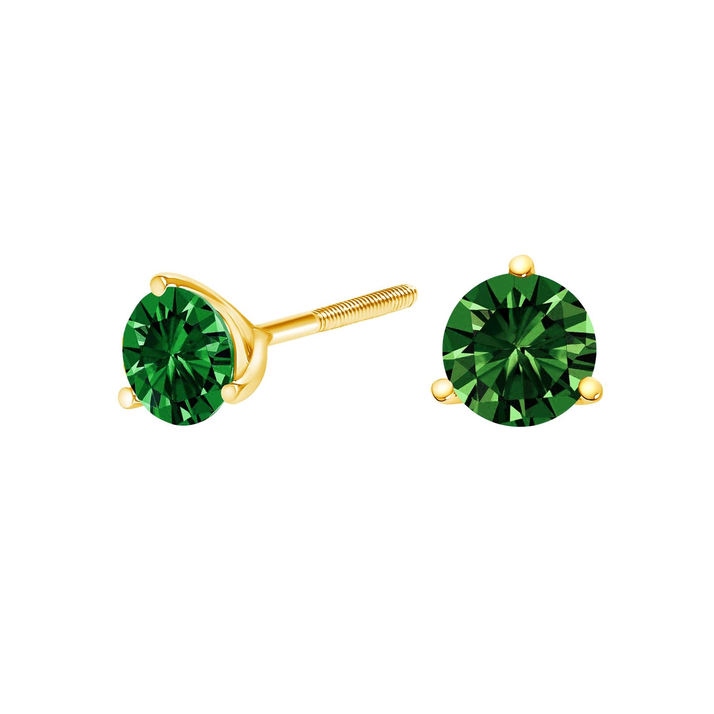 Close-up front and side angle of a pair of yellow metal stud earrings, each featuring a round green gemstone set in a three-prong setting.