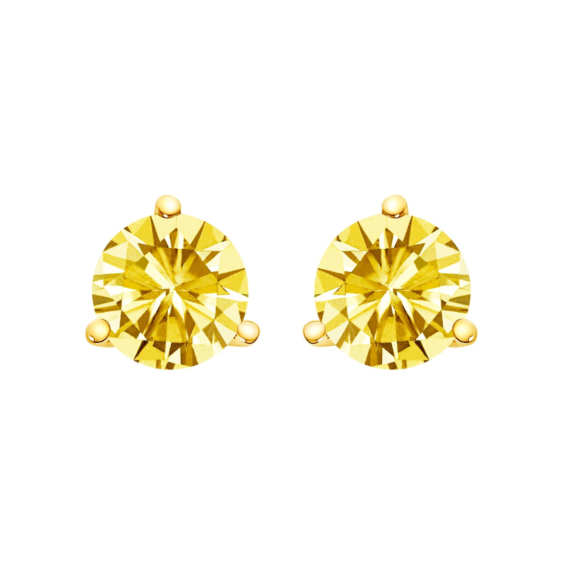 Pair of yellow metal stud earrings with round yellow gemstones in three-prong settings, shown from the front on a white background.