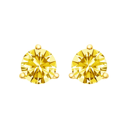 Pair of yellow metal stud earrings with round yellow gemstones in three-prong settings, shown from the front on a white background.