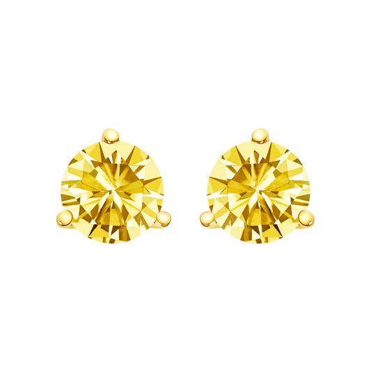 Pair of yellow metal stud earrings with round yellow gemstones in three-prong settings, shown from the front on a white background.