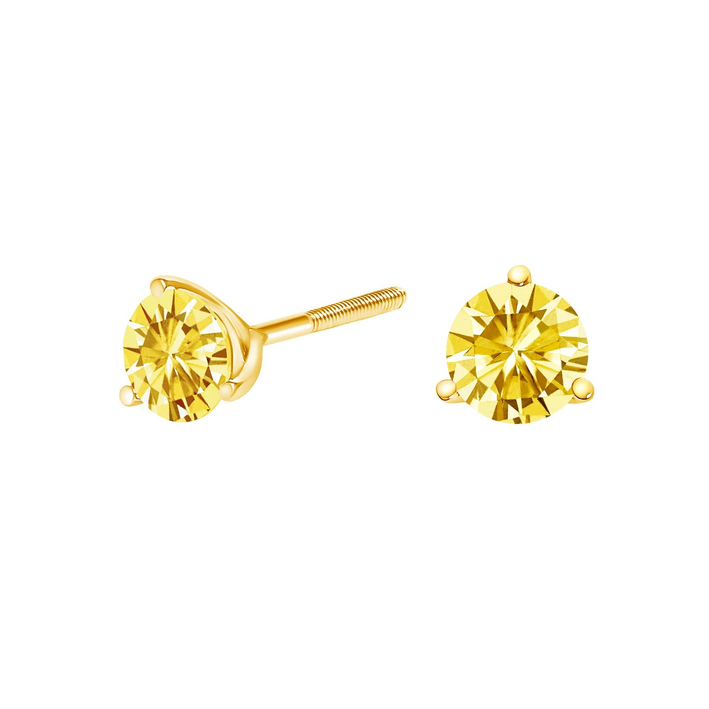 Pair of yellow metal stud earrings with round yellow gemstones in 3-prong settings, shown from a front and side angle on a white background.