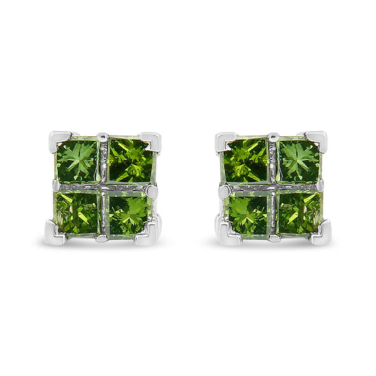 Front view of white metal square earrings featuring four princess-shaped green gemstones set invisibly in each.