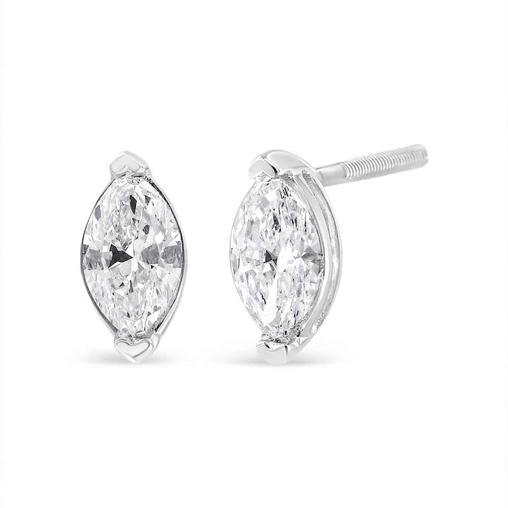 Pair of white metal stud earrings with marquise-shaped white gemstones in prong settings, shown from a front and side angle.