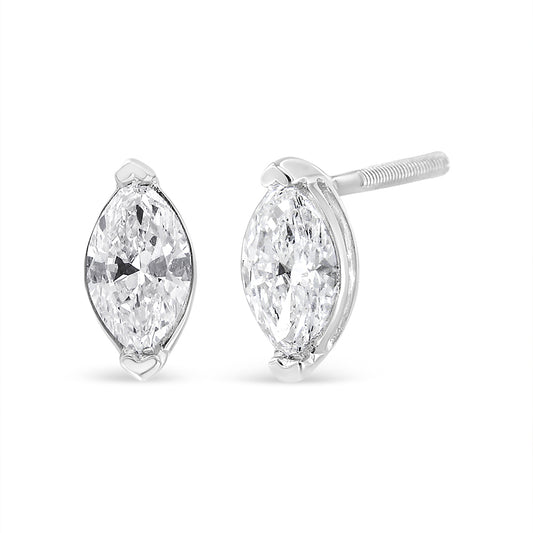 Pair of white metal stud earrings with marquise-shaped white gemstones in prong settings, shown from a front and side angle.