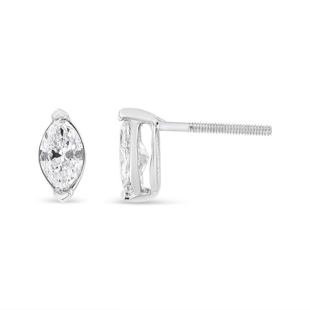 Pair of white metal stud earrings with marquise-shaped white gemstones in prong settings, shown from front and side angles on a white background.