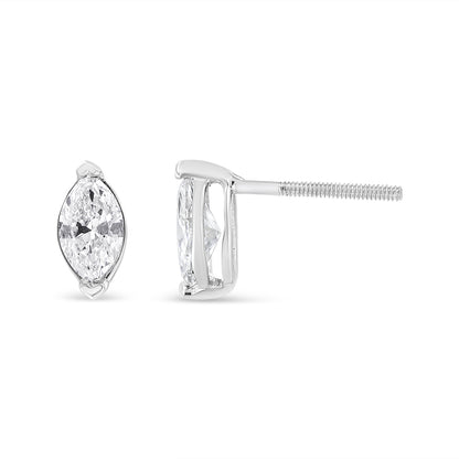 Pair of white metal stud earrings with marquise-shaped white gemstones in prong settings, shown from front and side angles on a white background.