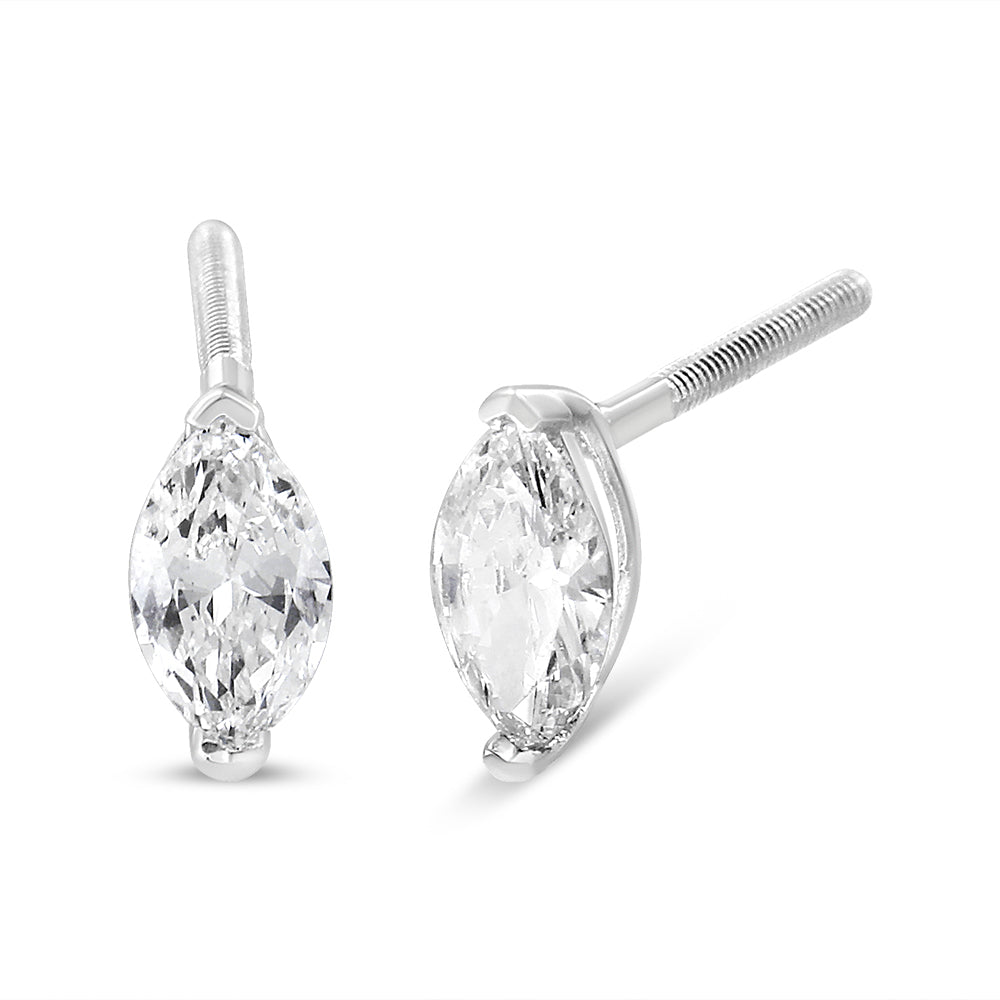 Pair of white metal stud earrings with marquise-shaped white gemstones in a two-prong setting, shown from the front and side angles.
