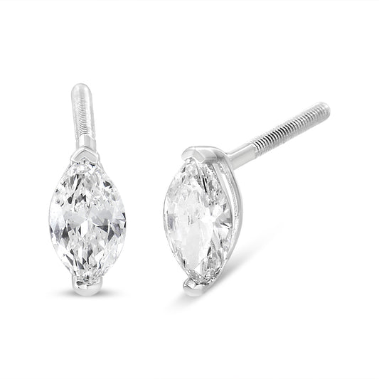 Pair of white metal stud earrings with marquise-shaped white gemstones in a two-prong setting, shown from the front and side angles.