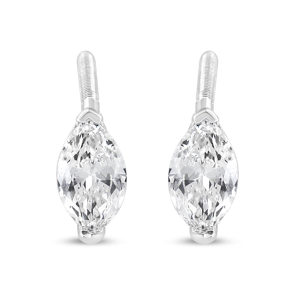 Pair of white metal earrings with marquise-shaped white gemstones in a 2-prong setting, shown in a front-facing close-up shot.