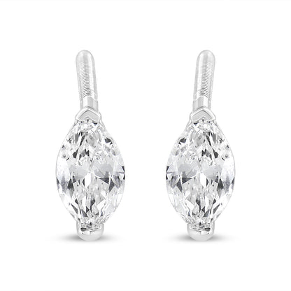 Pair of white metal earrings with marquise-shaped white gemstones in a 2-prong setting, shown in a front-facing close-up shot.