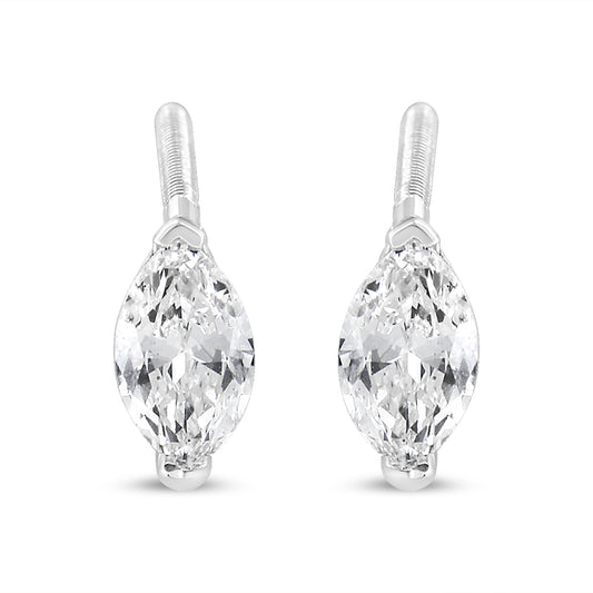 Pair of white metal earrings with marquise-shaped white gemstones in a 2-prong setting, shown in a front-facing close-up shot.